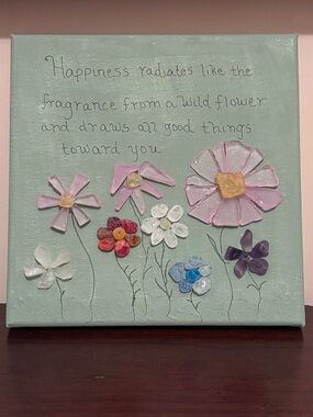Handcrafted Sea Glass Wild Flowers Art on Canvas with Script